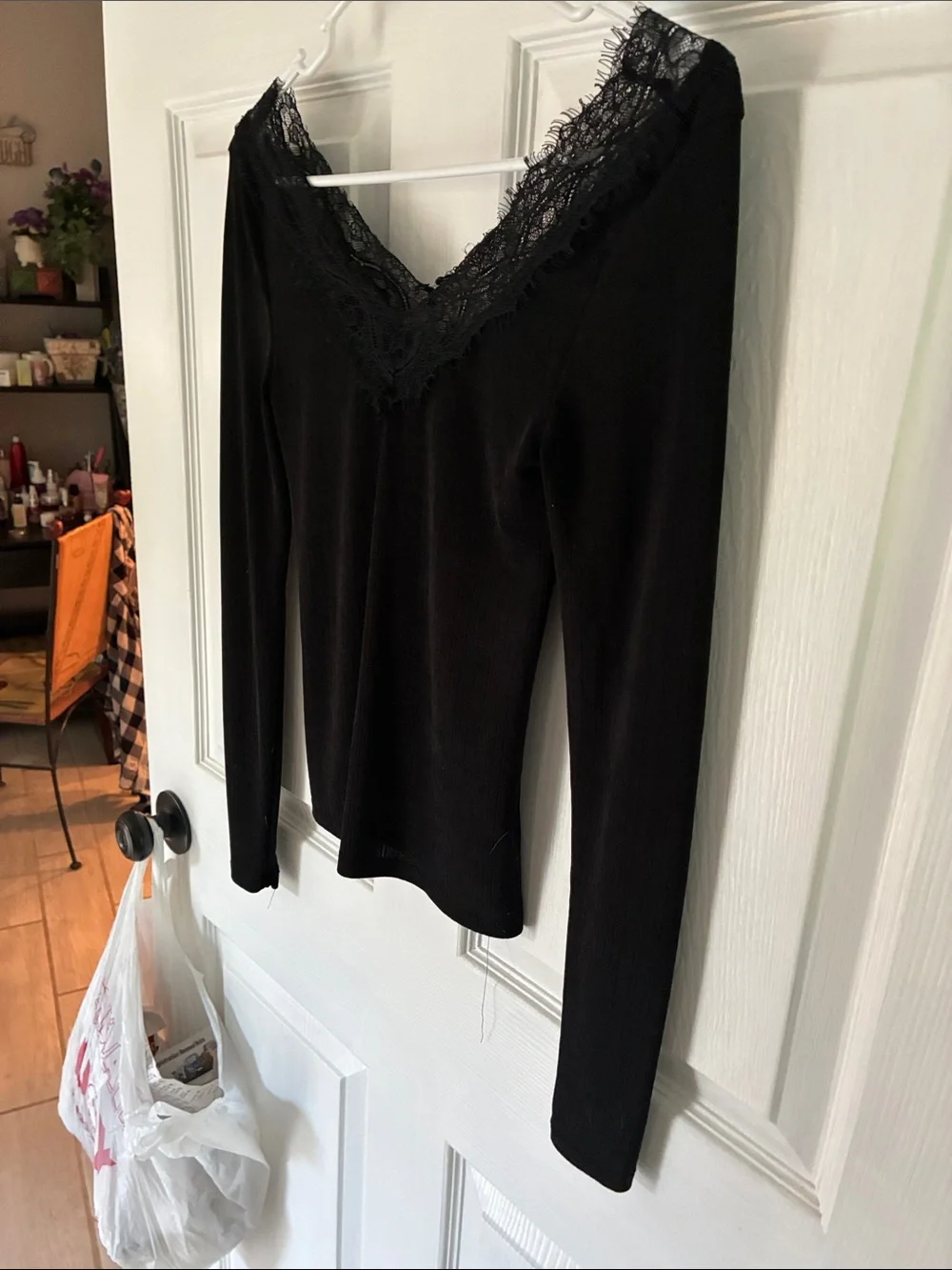 H&M Black Lace-Trim Long Sleeve V-Neck Top